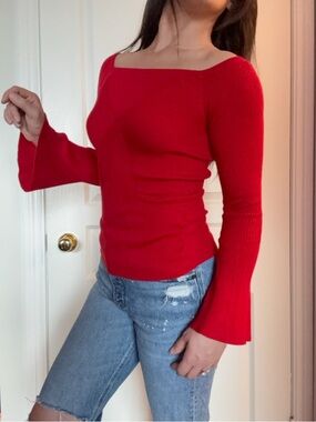 GUESS Ribbed Square-Neck Bell Sleeve Sweater - Women